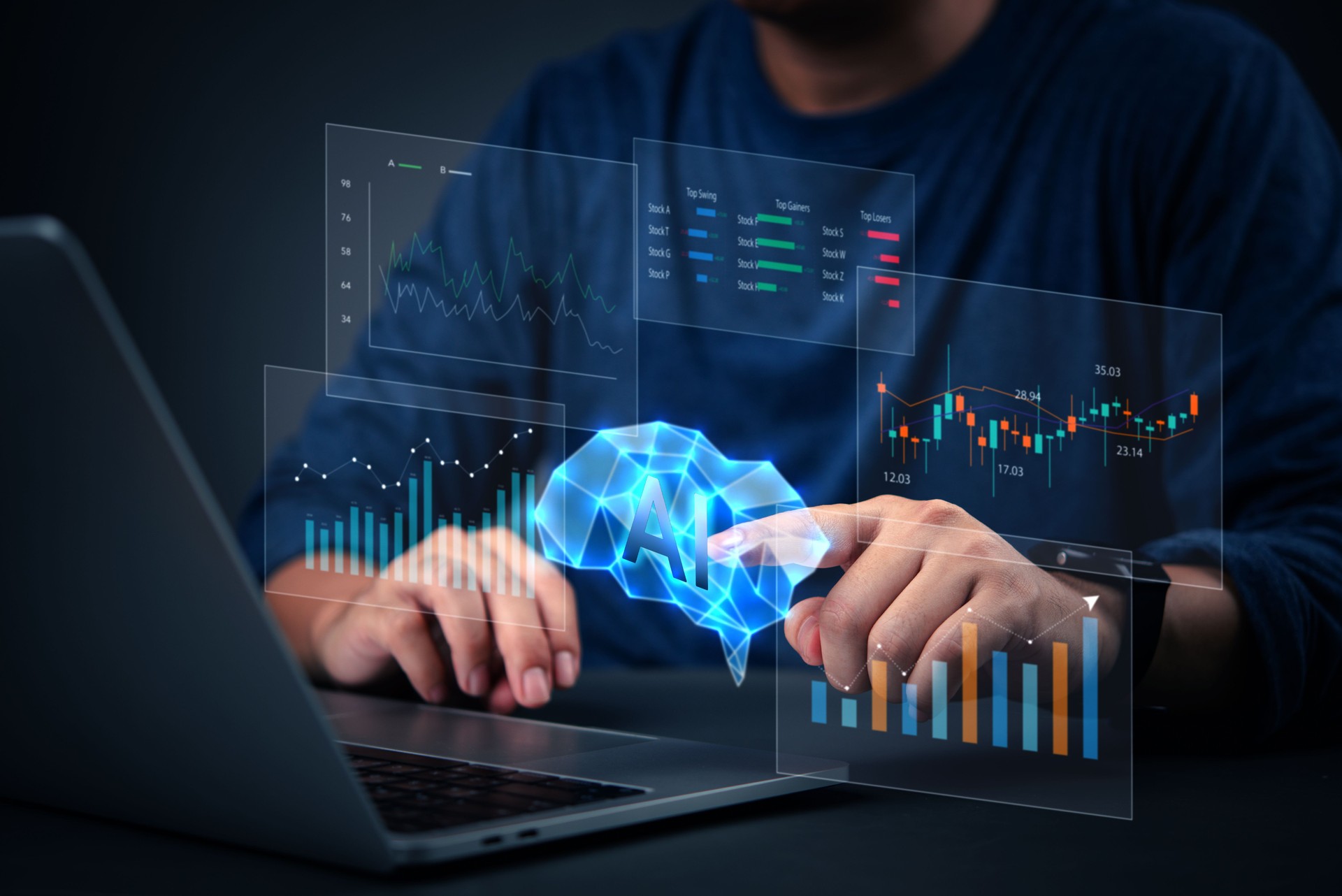 Financial data with artificial intelligence. AI role in investment, market analysis, stock trading, and management. FinTech, smart financial solutions, and big data for strategic business growth.