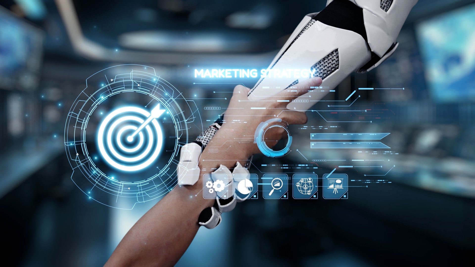 Advanced robotic arm interacting with digital marketing data in a futuristic workspace, showcasing technology integration in business strategies. Auvana